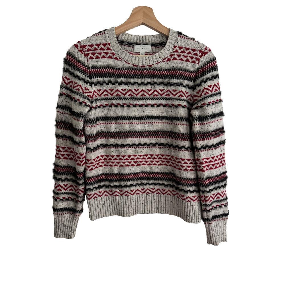 Lucky Brand Fair Isle Pullover Sweater Knit Cream Red Black XS